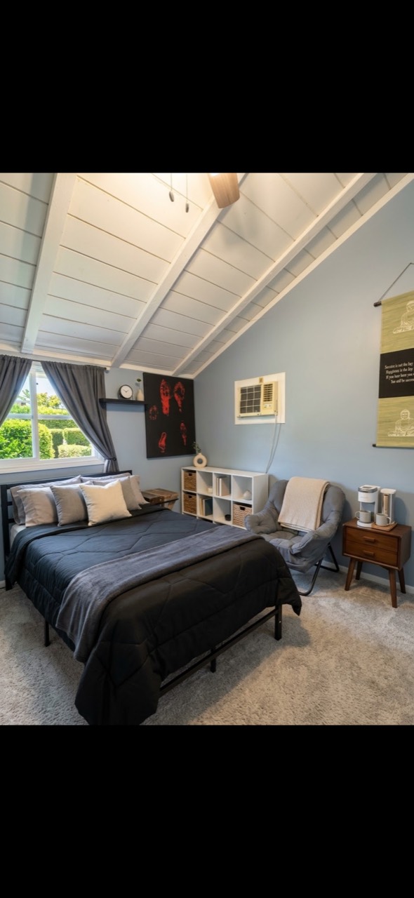 Citronia Recovery bedroom with a bed, chair, storage, and natural light from the window