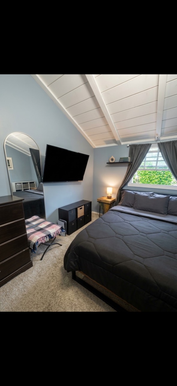 Another angle of the Citronia Recovery bedroom with the bed, television, dresser, and window